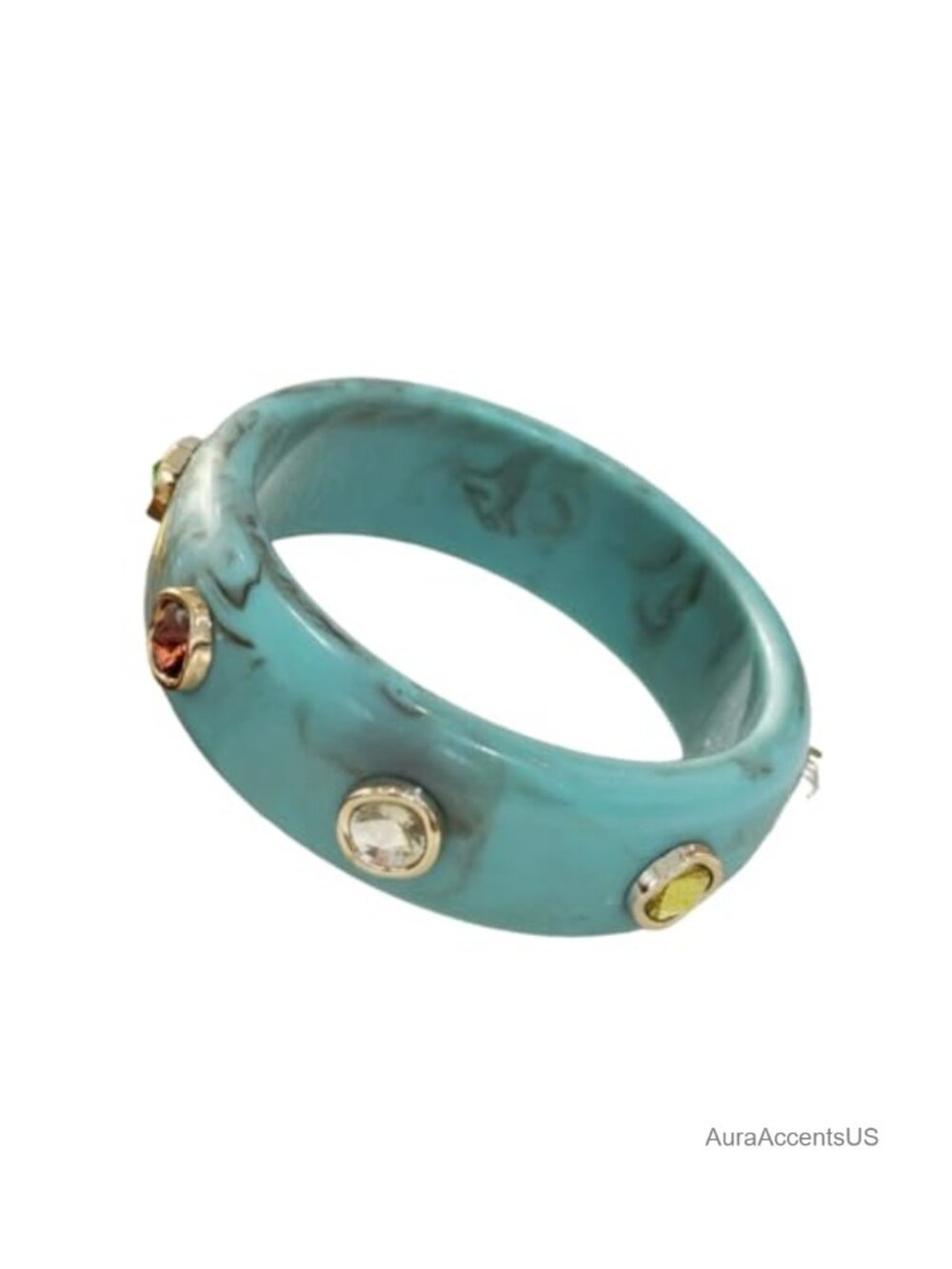 Chunky Acetate Bangle with Gemstones & Marble Veining Statement Cuff